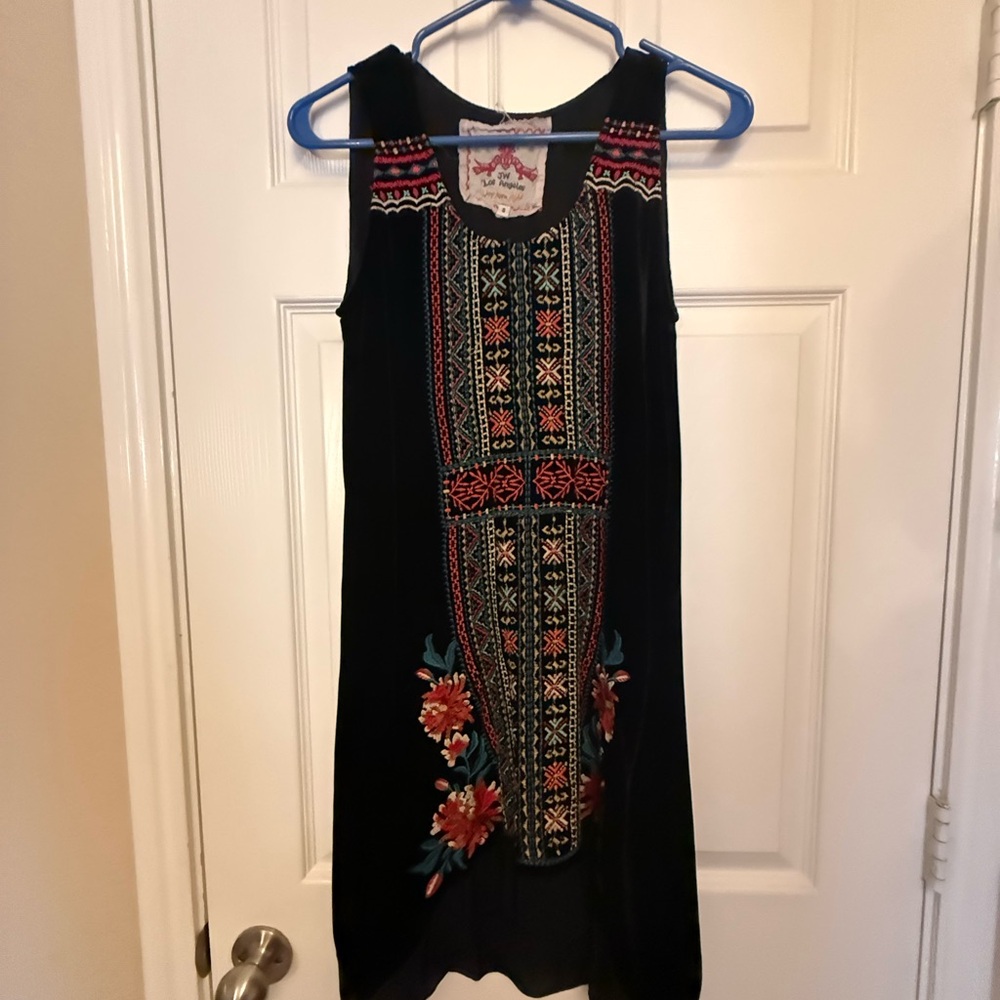 Johnny Was Black Multicolor Embroidered High Low Dress